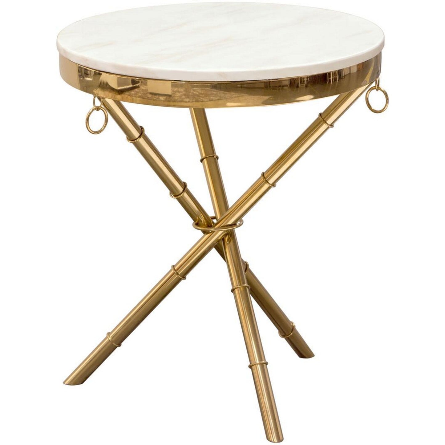 Benzara BM190831 White and Gold Marble Top Accent Table With Stainless Steel Crossed Legs