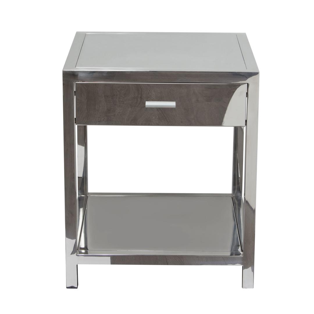 Benzara BM190834 Silver Square Stainless Steel Accent Table With One Drawer and Open Bottom Shelf