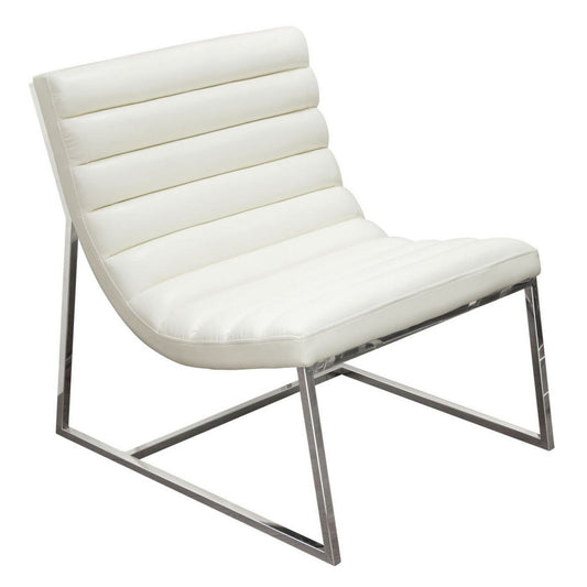 Benzara BM190867 White and Silver Leather Upholstered Lounge Chair With Channel Tufting Details and Steel Frame