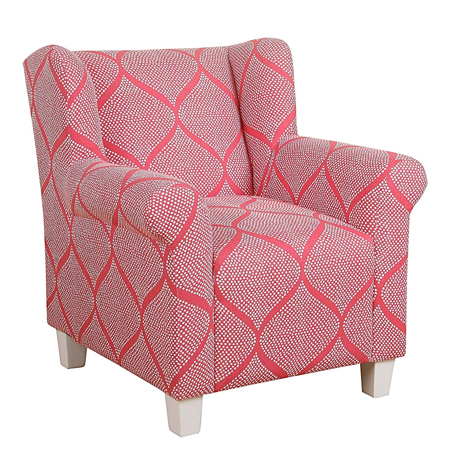 Benzara BM193952 White and Pink Fabric Upholstered Wooden Kids Accent Chair With Round Armrest