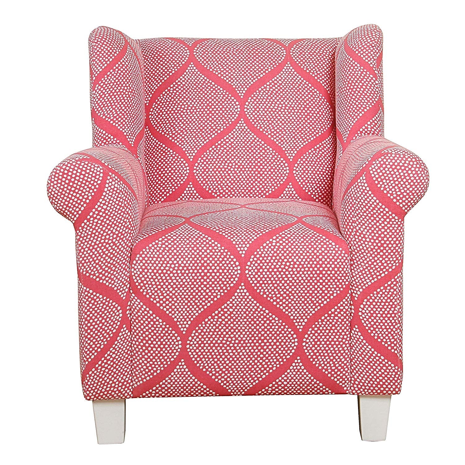 Benzara BM193952 White and Pink Fabric Upholstered Wooden Kids Accent Chair With Round Armrest