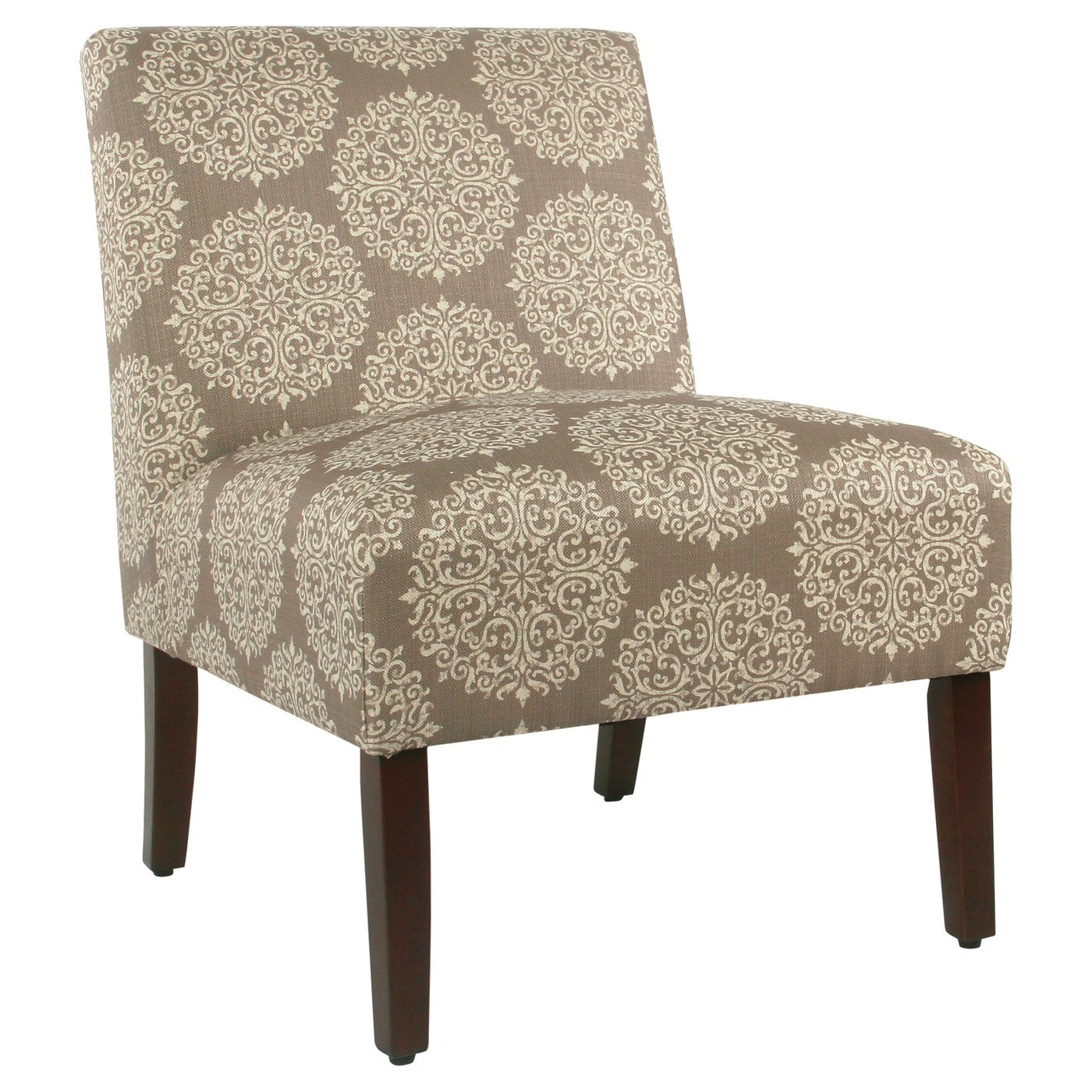 Benzara BM193970 Brown and Cream Medallion Printed Fabric Upholstered Wooden Accent Chair With Blocked Legs