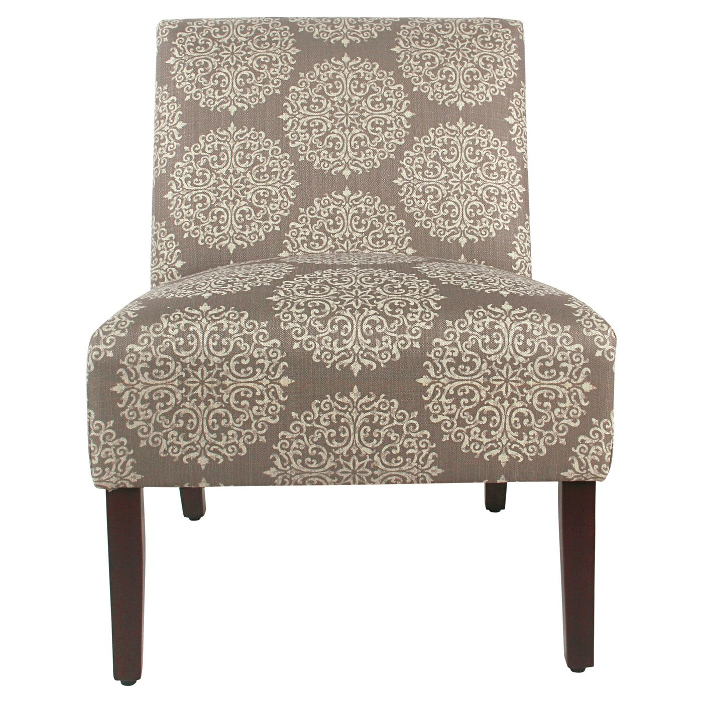 Benzara BM193970 Brown and Cream Medallion Printed Fabric Upholstered Wooden Accent Chair With Blocked Legs