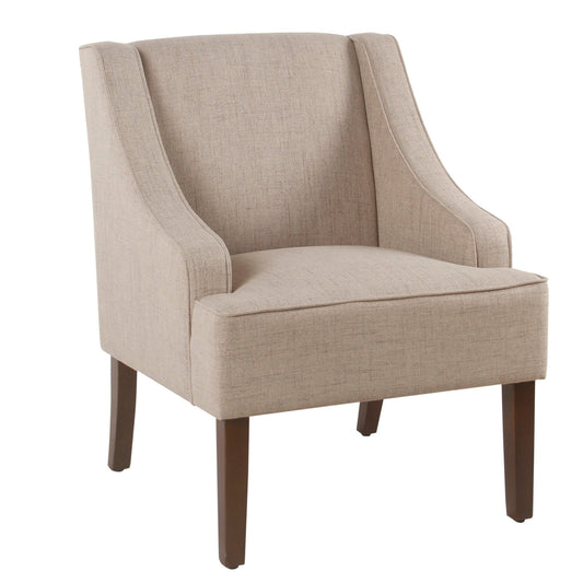 Benzara BM194016 Beige and Brown Fabric Upholstered Wooden Accent Chair With Swooping Armrests