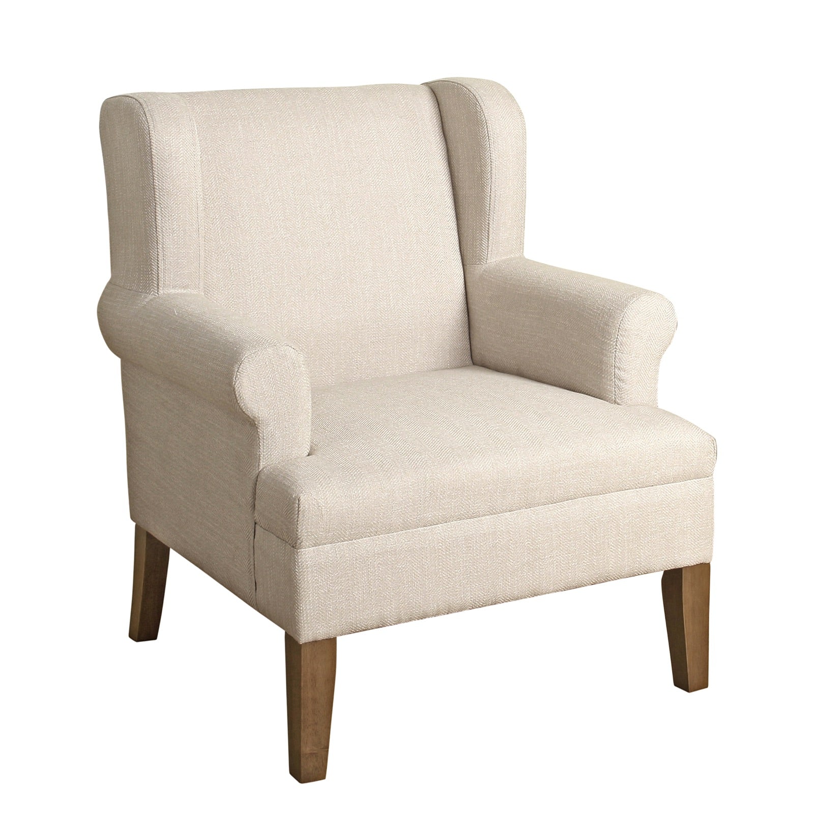 Benzara BM194020 Cream and Brown Fabric Upholstered Wooden Accent Chair With Wing-Back