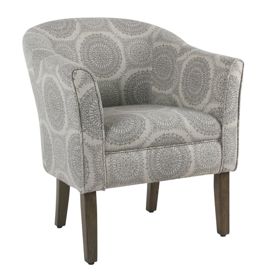 Benzara BM194025 Gray and Brown Wood and Fabric Barrel Style Accent Chair With Medallion Pattern