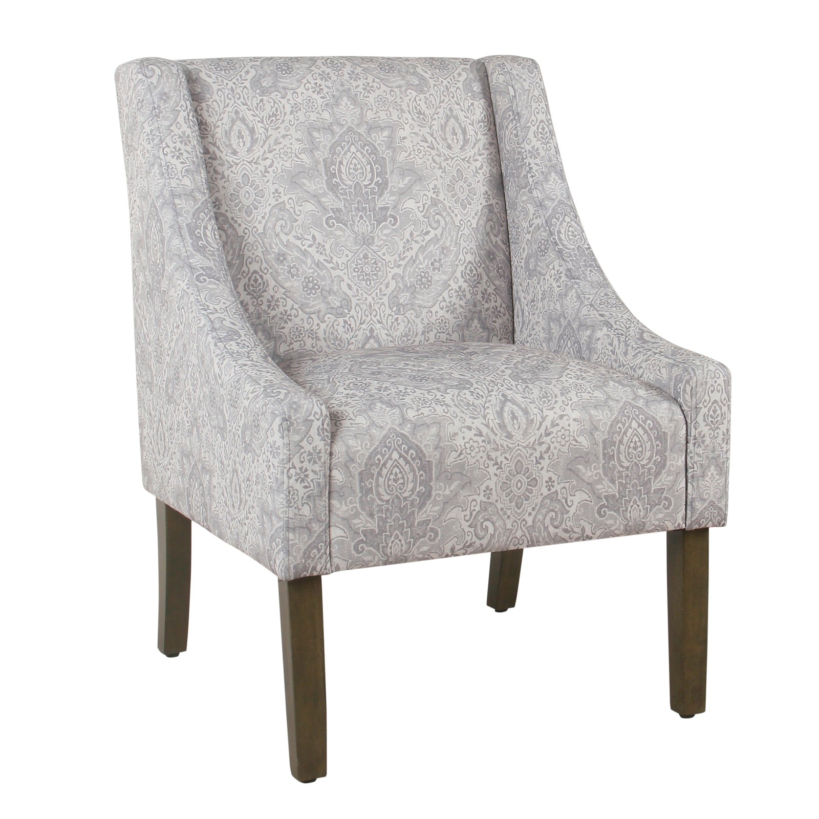 Benzara BM194032 Gray and Brown Damask Pattern Fabric Upholstered Wooden Accent Chair With Swooping Armrests