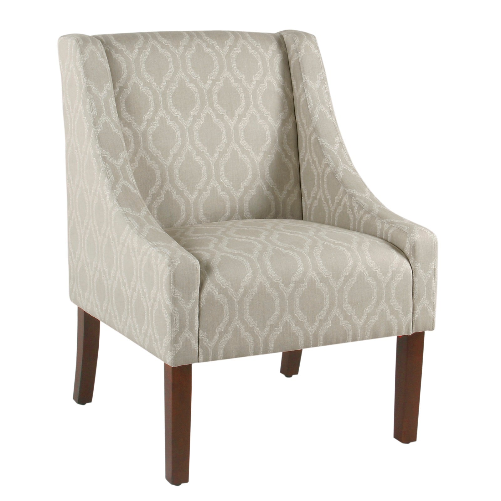 Benzara BM194033 Tan and Brown Trellis Pattern Fabric Upholstered Wooden Accent Chair With Armrests