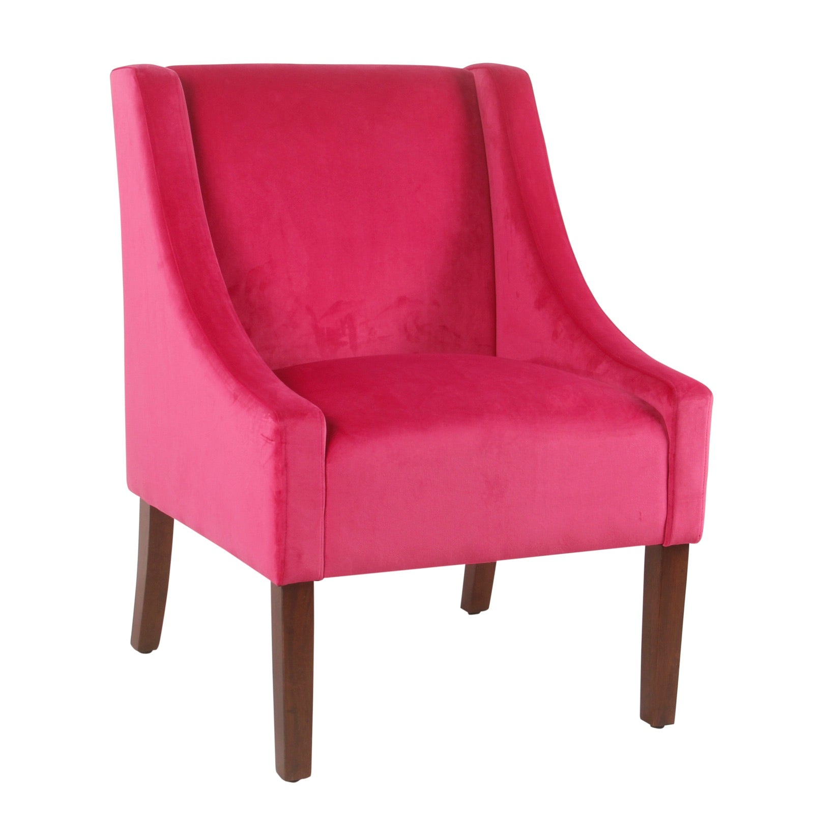 Benzara BM194035 Dark Pink and Brown Fabric Upholstered Swooped Accent Chair With Wooden Legs