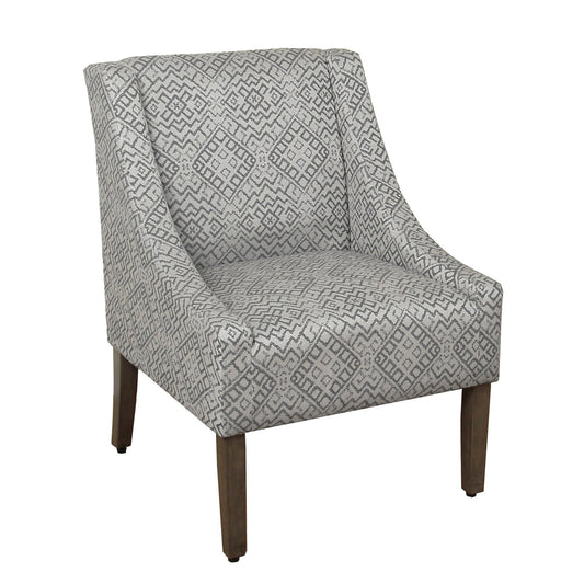 Benzara BM194037 Gray and Brown Geometric Pattern Fabric Upholstered Wooden Accent Chair With Swooping Armrests