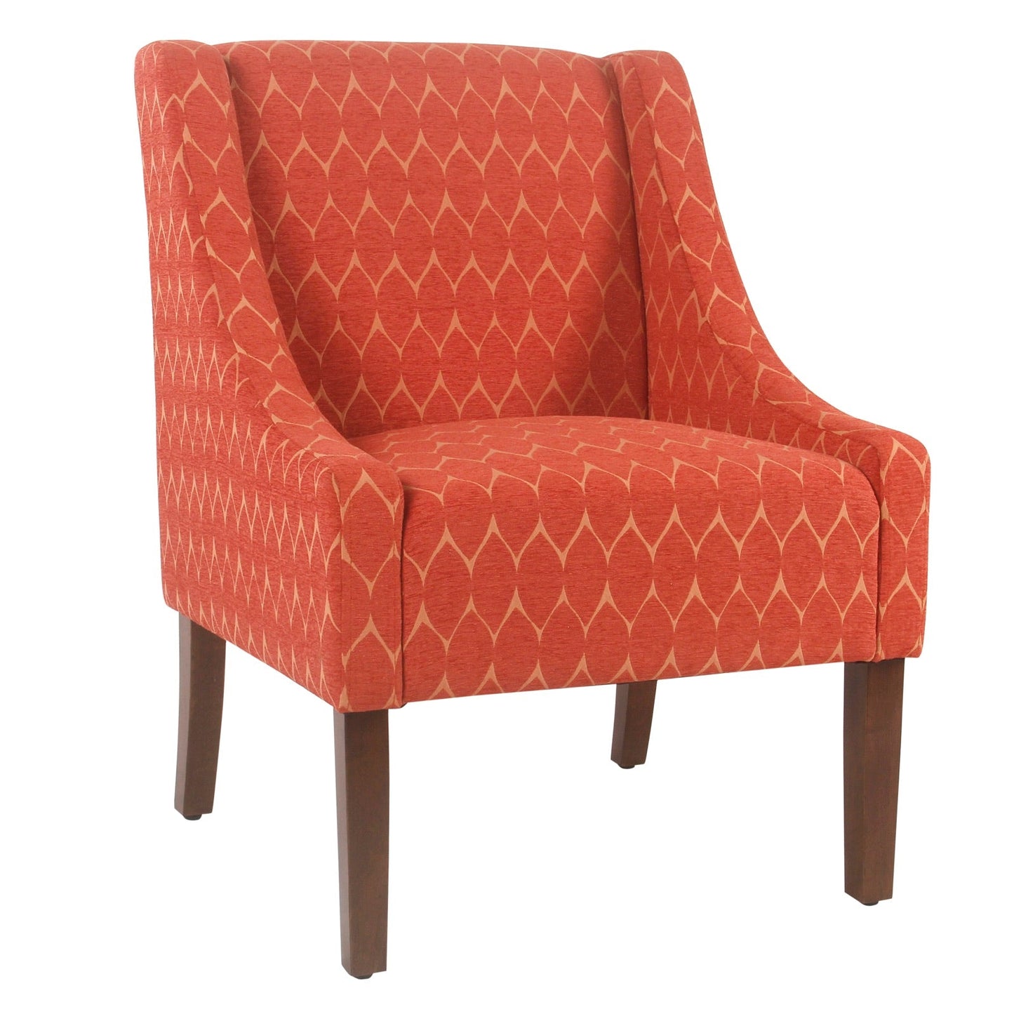 Benzara BM194043 Red and Brown Fabric Upholstered Wooden Accent Chair With Swooping Arms and Geometric Pattern