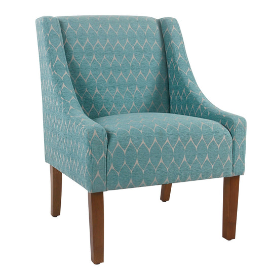 Benzara BM194044 Blue and Brown Geometric Pattern Fabric Upholstered Wooden Accent Chair With Swooping Arms