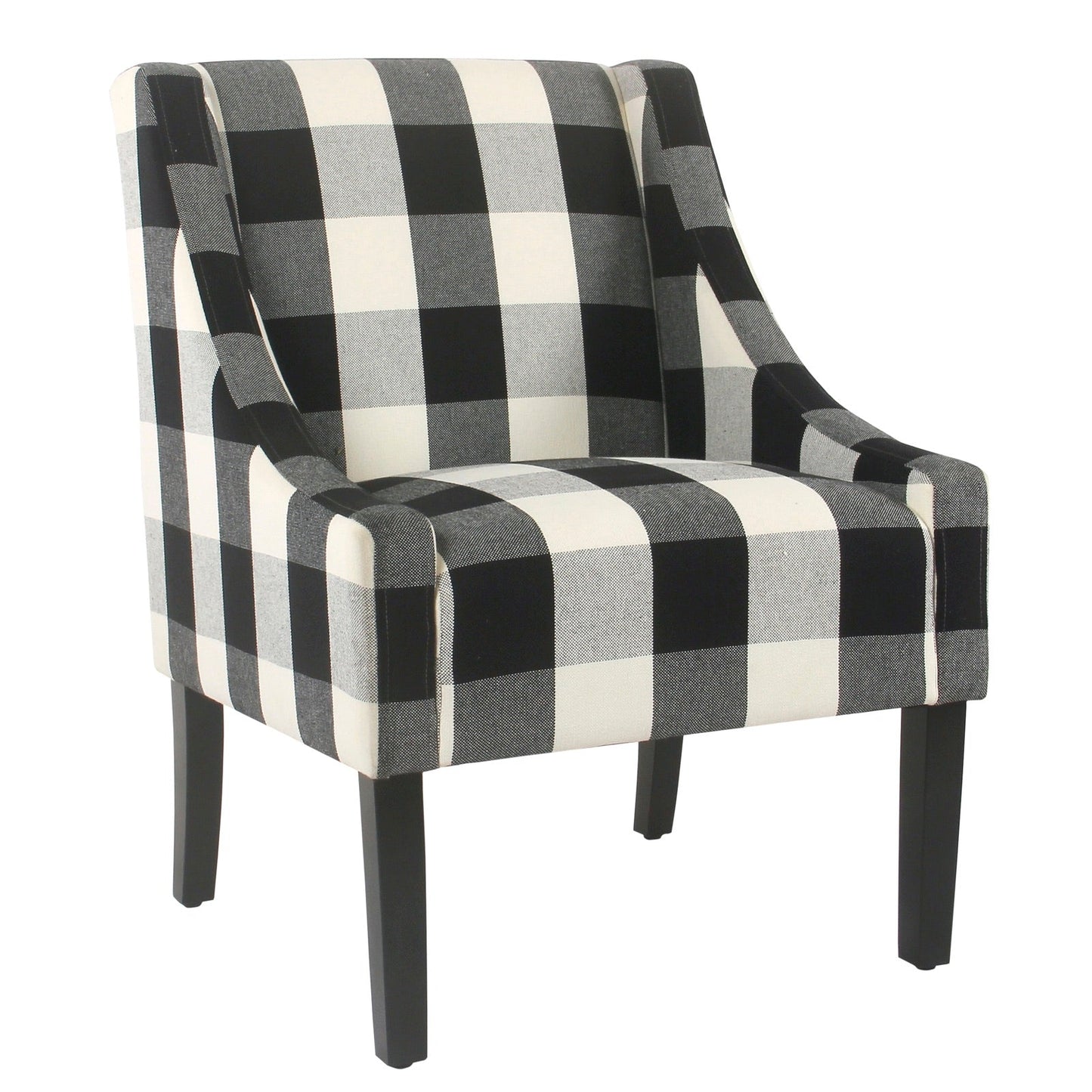 Benzara BM194045 Black and White Fabric Upholstered Wooden Accent Chair With Buffalo Plaid Pattern