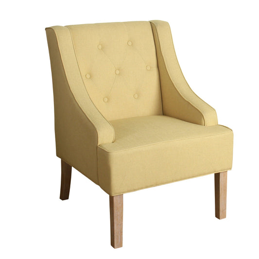 Benzara BM194061 Yellow and Brown Fabric Upholstered Wooden Accent Chair With Button Tufting