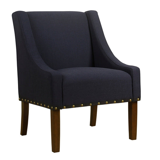 Benzara BM194074 Blue and Brown Fabric Upholstered Accent Chair With Swooping Arms and Nail Head Trim