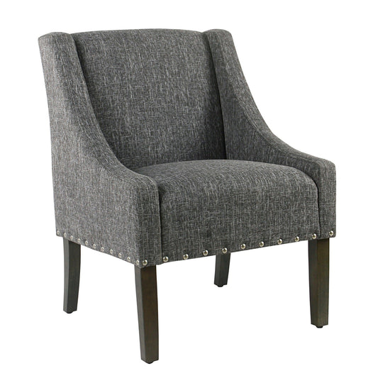 Benzara BM194076 Gray and Brown Fabric Upholstered Wooden Accent Chair With Swooping Arms and Nail Head Trim