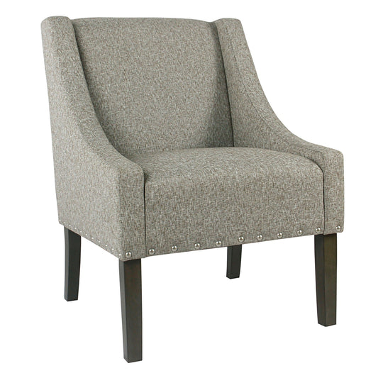 Benzara BM194077 Light Gray and Brown Fabric Upholstered Wooden Accent Chair With Swooping Arms and Nail Head Trim