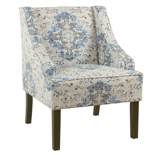 Benzara BM194148 Blue, Cream and Brown Fabric Upholstered Wooden Accent Chair With Swooping Armrests