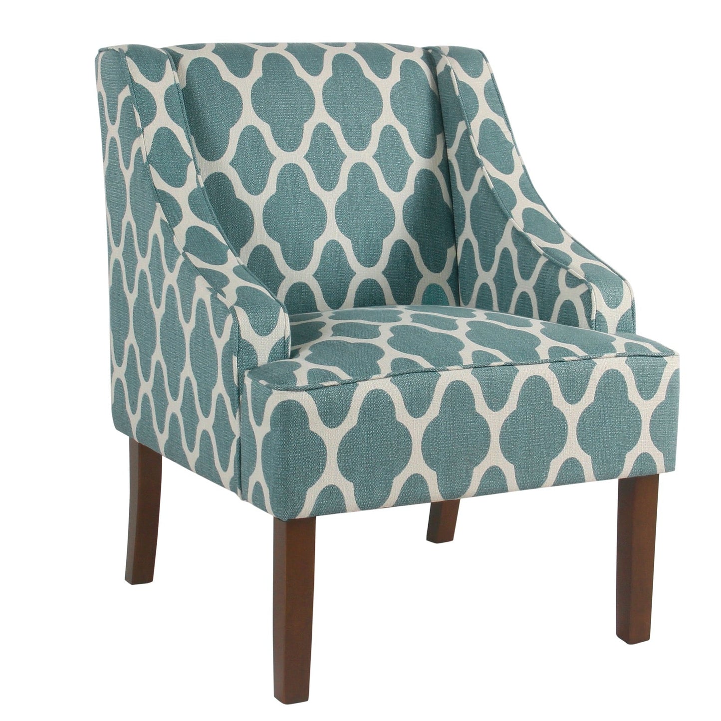 Benzara BM194151 Blue, White and Brown Fabric Upholstered Wooden Accent Chair With Swooping Armrests