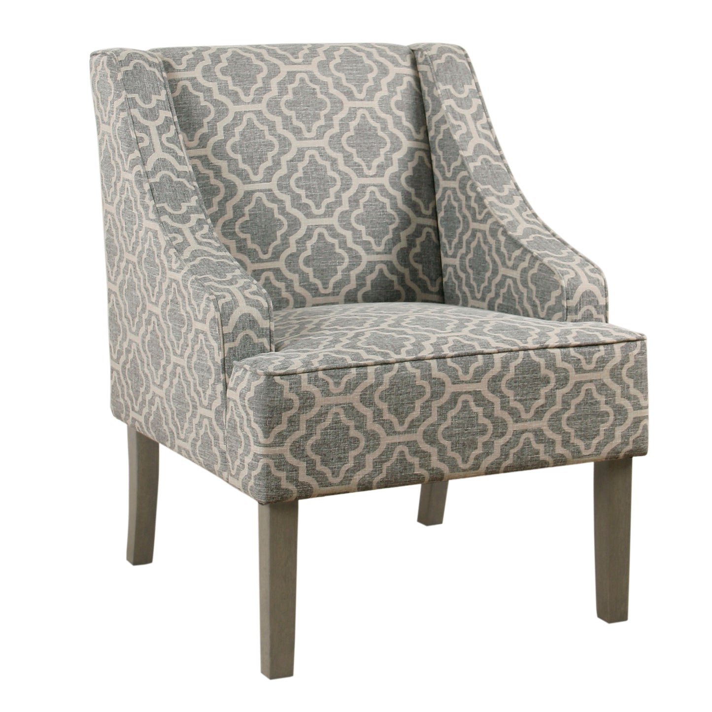 Benzara BM194152 Gray, White and Brown Trellis Pattern Fabric Upholstered Wooden Accent Chair With Swooping Armrests