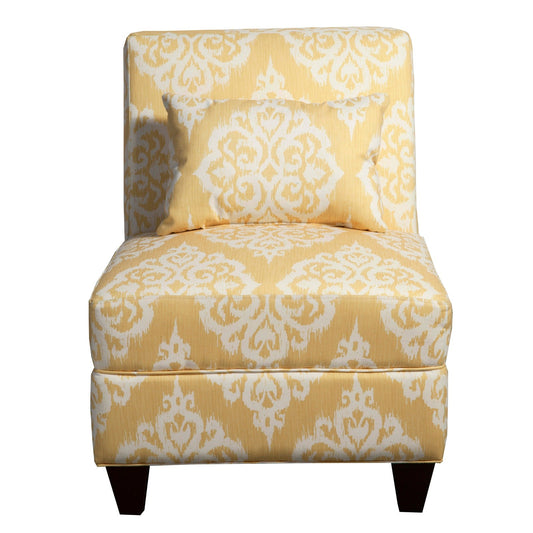 Benzara BM194153 Yellow, White and Brown Fabric Upholstered Wooden Armless Accent Chair With Toss Pillow