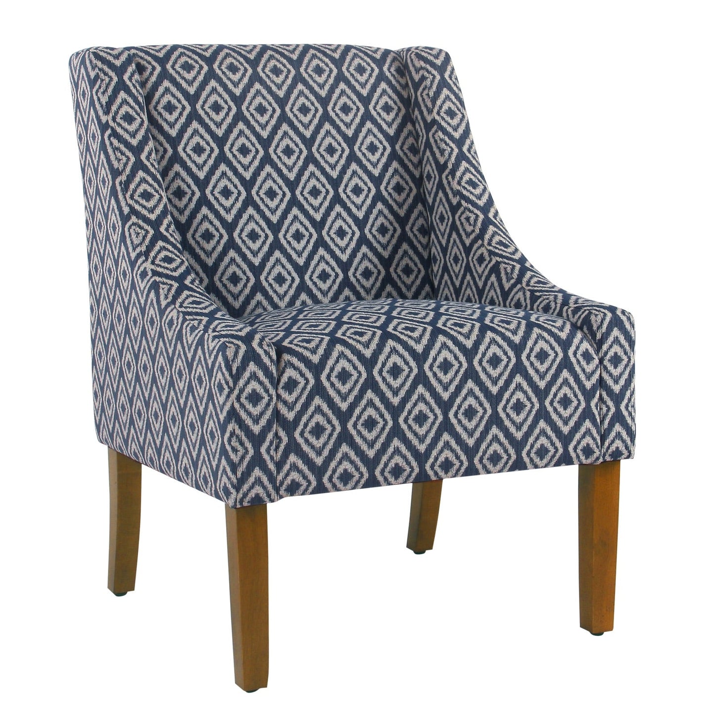 Benzara BM194154 Blue and Brown Fabric Upholstered Wooden Accent Chair With Swooping Arms and Geometric Pattern