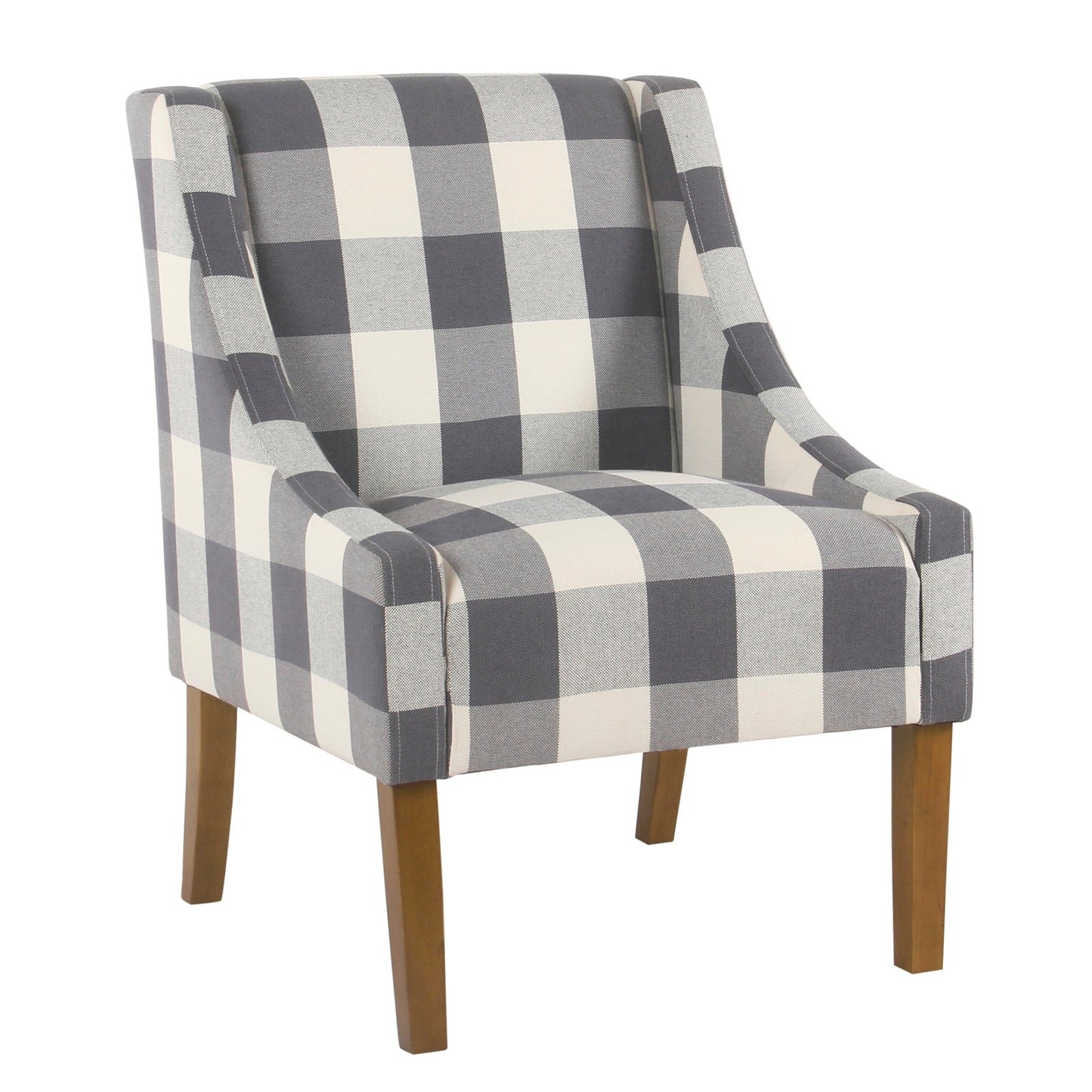 Benzara BM194155 White and Brown Fabric Upholstered Wooden Accent Chair With Buffalo Plaid Pattern, Blue