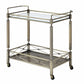 Benzara BM194344 Antique Gold Two Tiered Metal Serving Cart With Glass Shelves and Side Rails