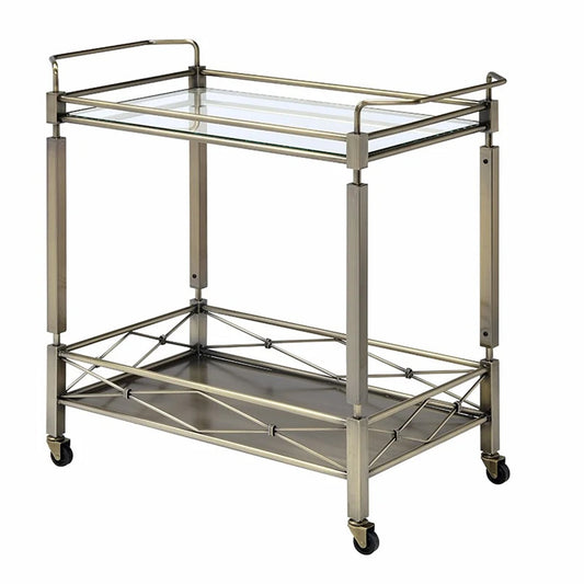 Benzara BM194344 Antique Gold Two Tiered Metal Serving Cart With Glass Shelves and Side Rails