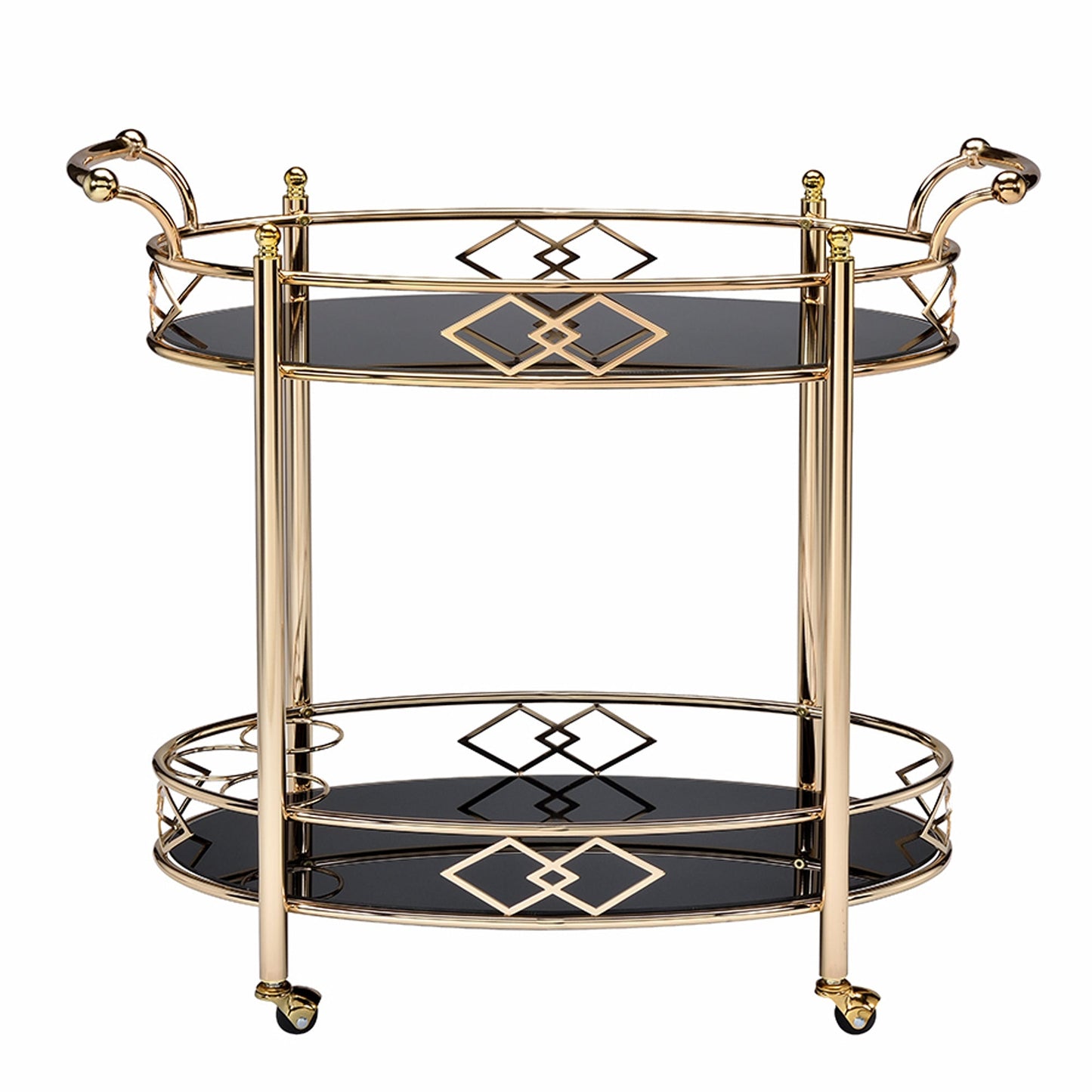 Benzara BM194345 Gold and Black Metal Framed Serving Cart With Tempered Glass Top and Open Bottom Shelf