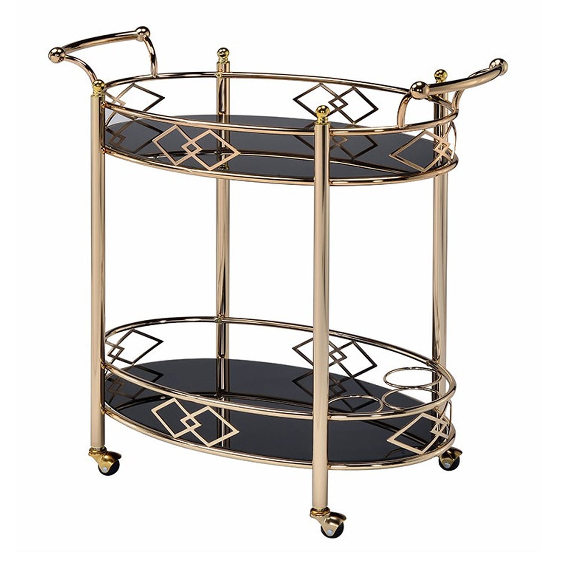 Benzara BM194345 Gold and Black Metal Framed Serving Cart With Tempered Glass Top and Open Bottom Shelf