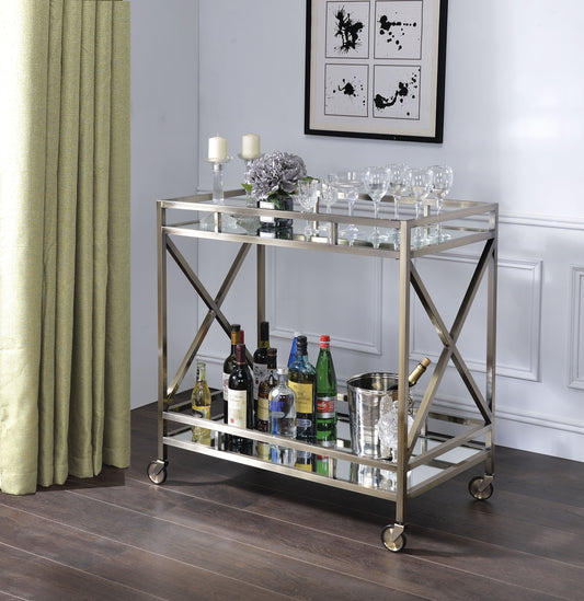 Benzara BM194346 Silver and Clear Metal Framed Two Tier Serving Cart With X Shaped Side Panels