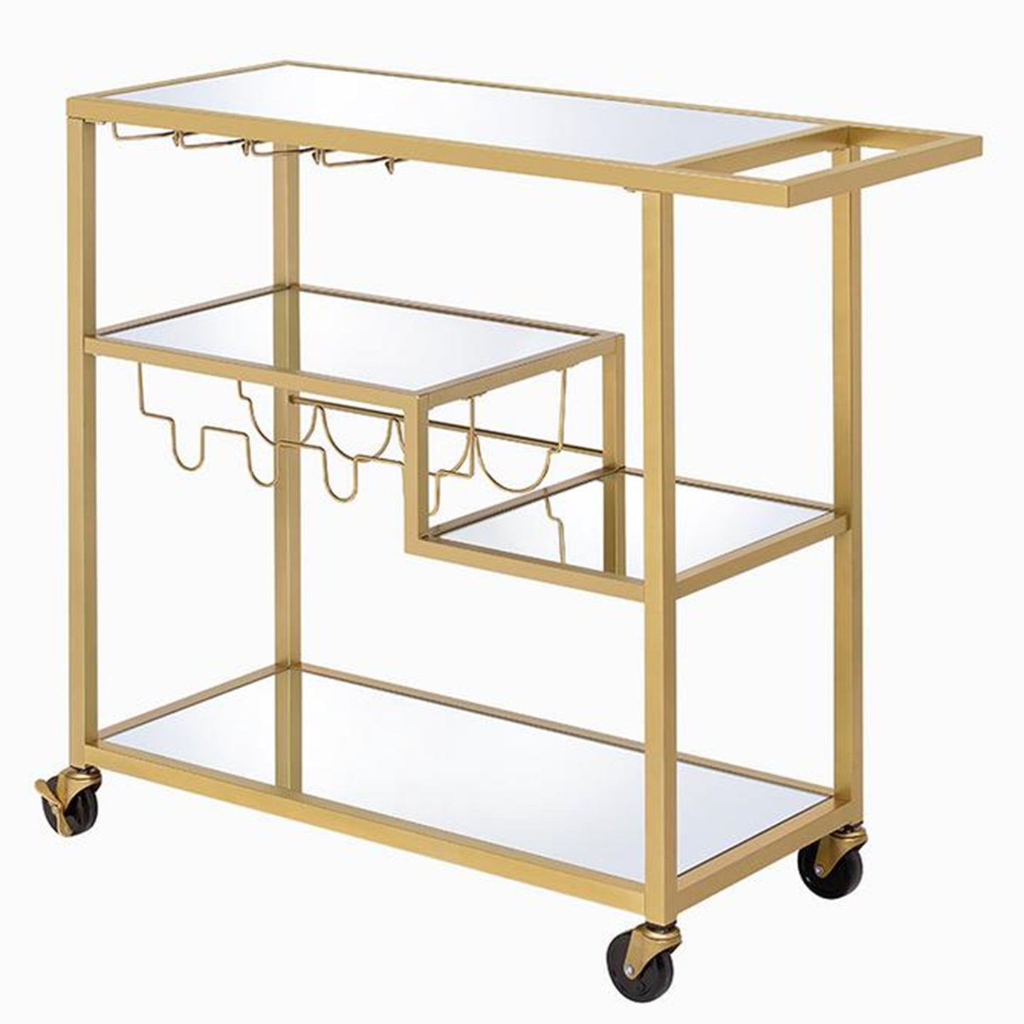 Benzara BM194348 Gold and Clear Metal Framed Serving Cart With Wine Bottle Holder and Stemware