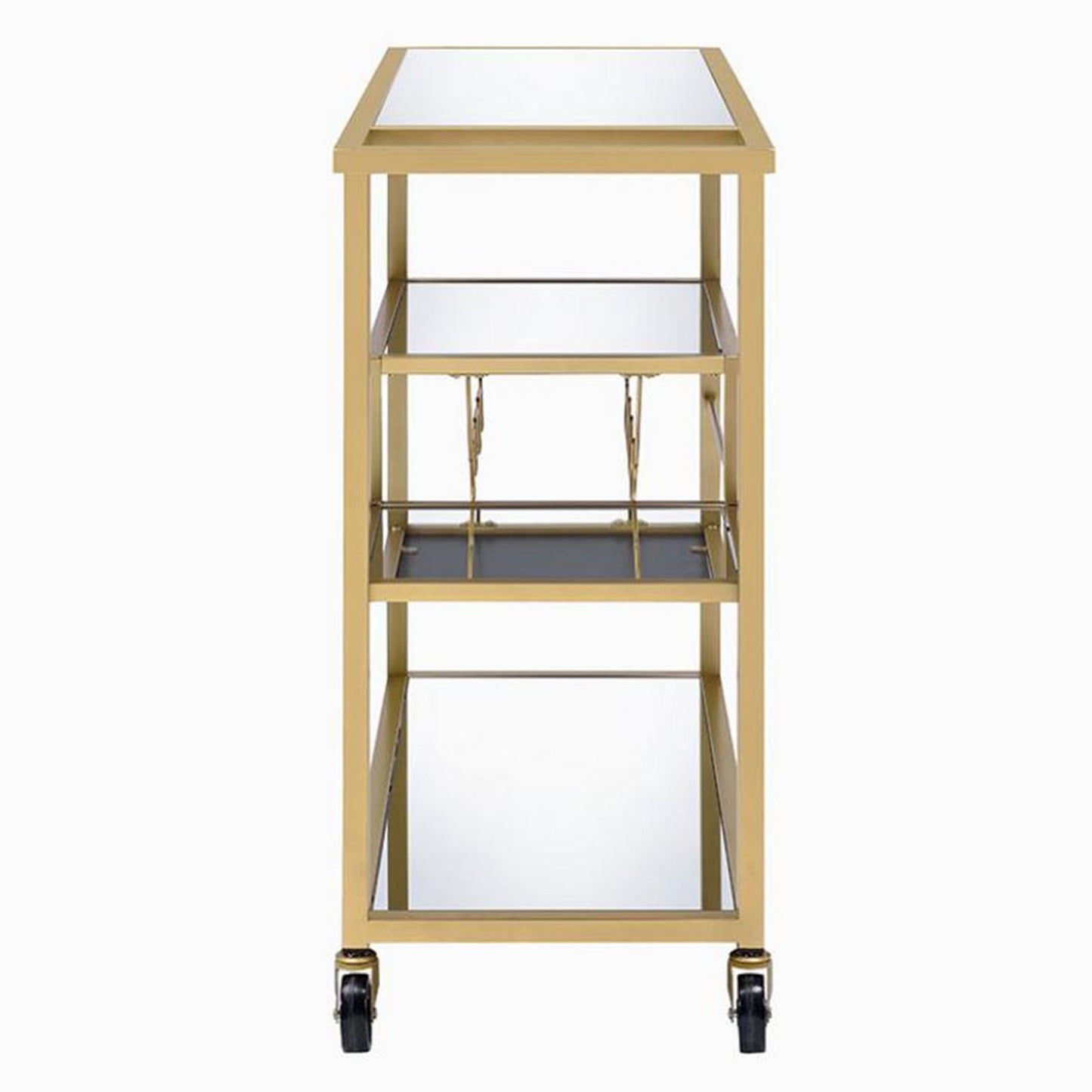 Benzara BM194348 Gold and Clear Metal Framed Serving Cart With Wine Bottle Holder and Stemware