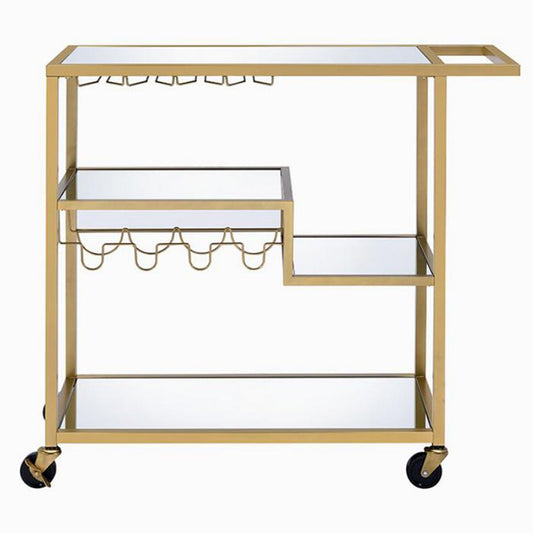 Benzara BM194348 Gold and Clear Metal Framed Serving Cart With Wine Bottle Holder and Stemware