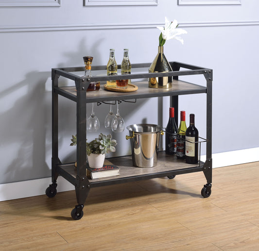 Benzara BM194349 Brown and Gray Metal Framed Serving Cart With Wooden Shelves With Wine Bottle Holder