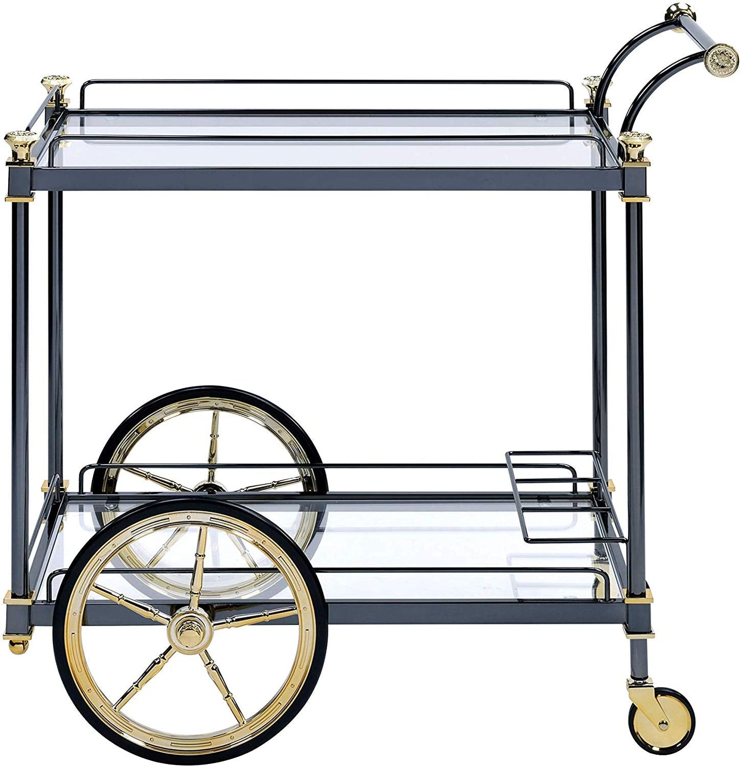 Benzara BM194350 Black and Gold Metal Framed Serving Cart With Glass Shelves and Side Handle