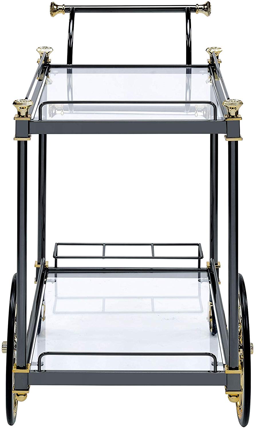 Benzara BM194350 Black and Gold Metal Framed Serving Cart With Glass Shelves and Side Handle