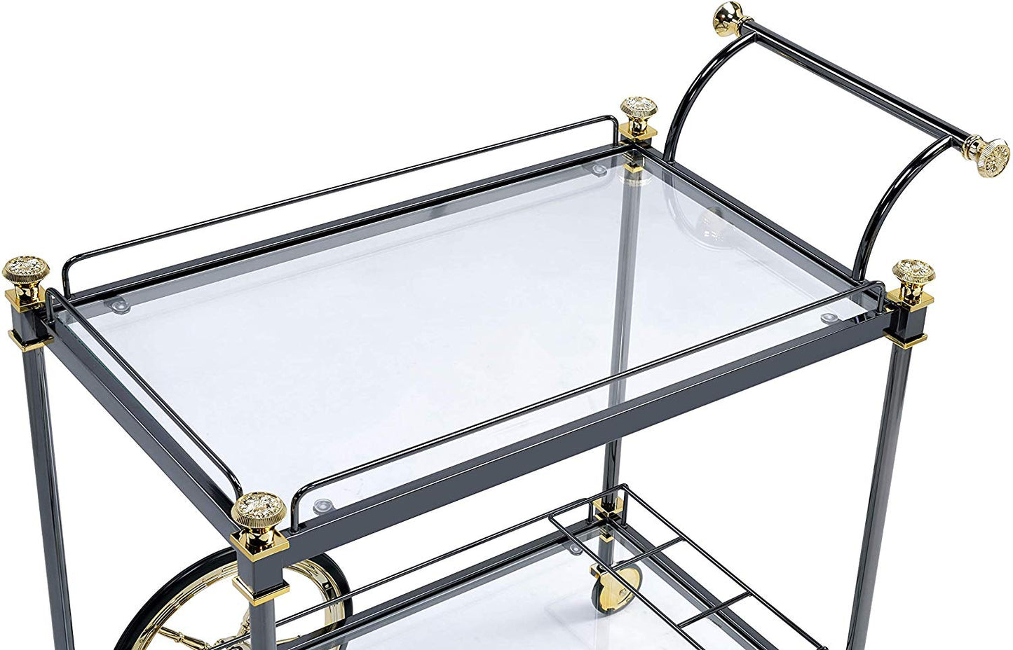 Benzara BM194350 Black and Gold Metal Framed Serving Cart With Glass Shelves and Side Handle