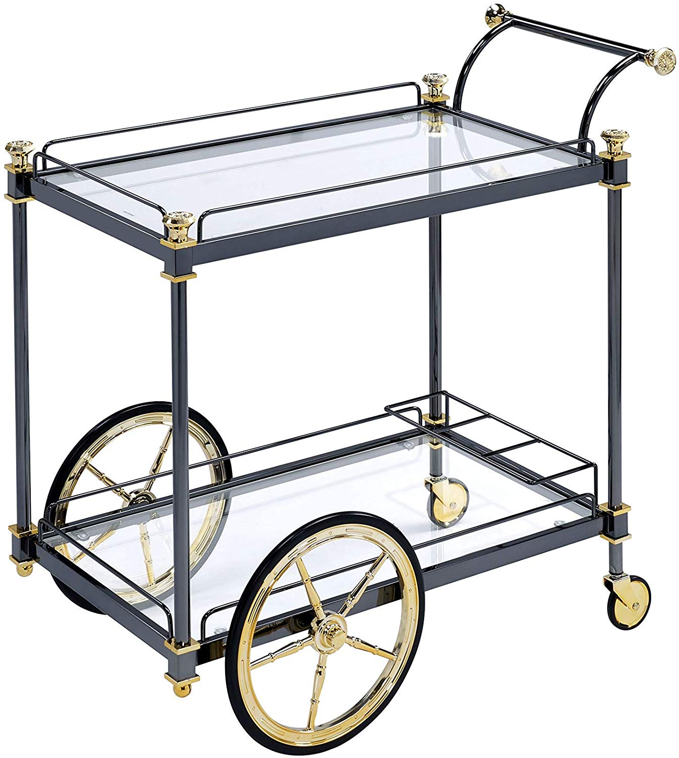 Benzara BM194350 Black and Gold Metal Framed Serving Cart With Glass Shelves and Side Handle