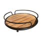 Benzara BM195136 Brown and Black Round Tubular Metal Frame Tray With Plank Style Wooden Base