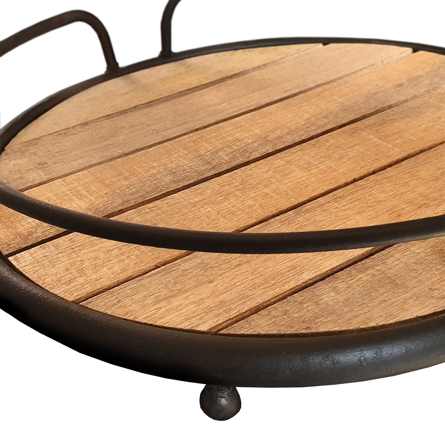 Benzara BM195136 Brown and Black Round Tubular Metal Frame Tray With Plank Style Wooden Base