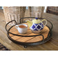 Benzara BM195136 Brown and Black Round Tubular Metal Frame Tray With Plank Style Wooden Base