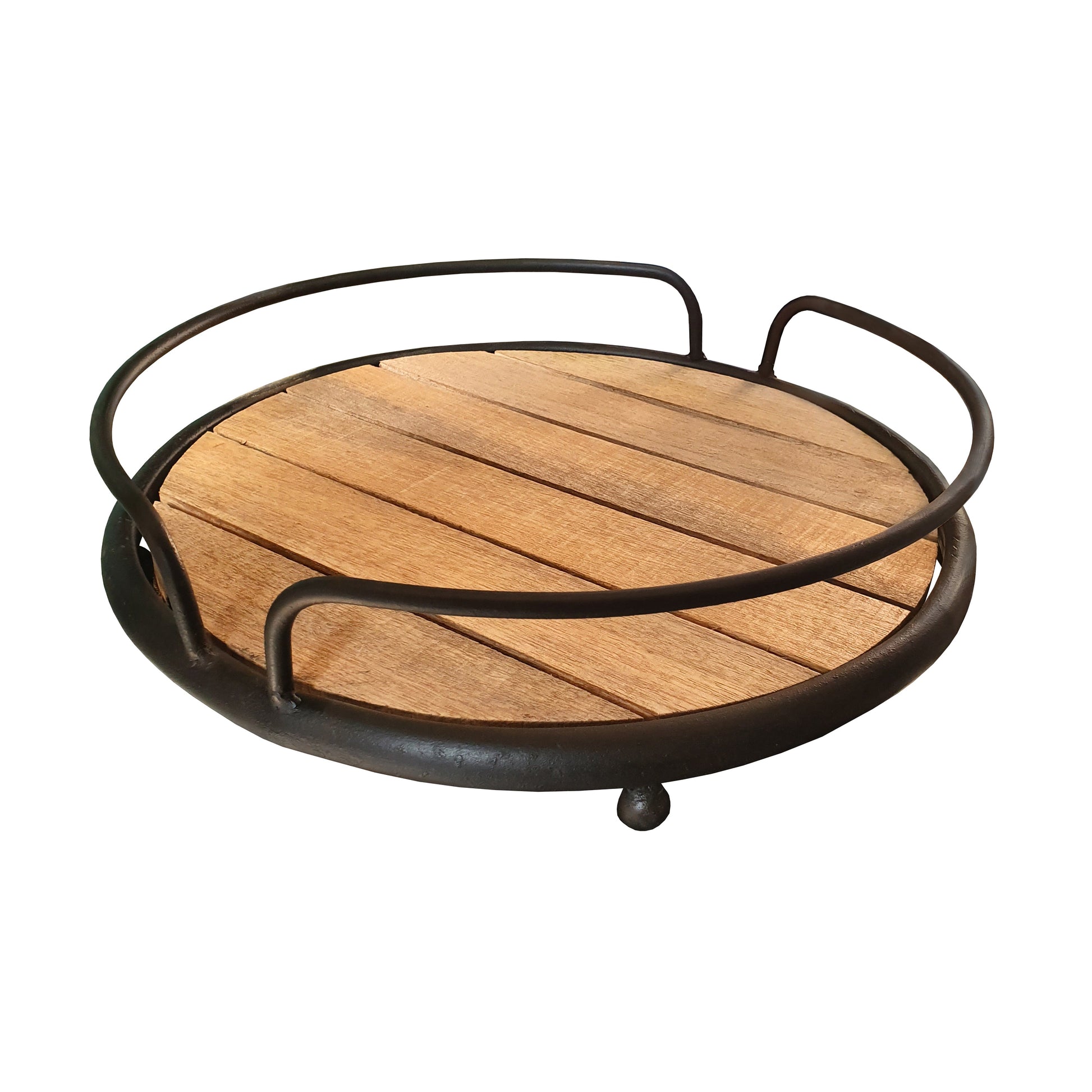 Benzara BM195136 Brown and Black Round Tubular Metal Frame Tray With Plank Style Wooden Base