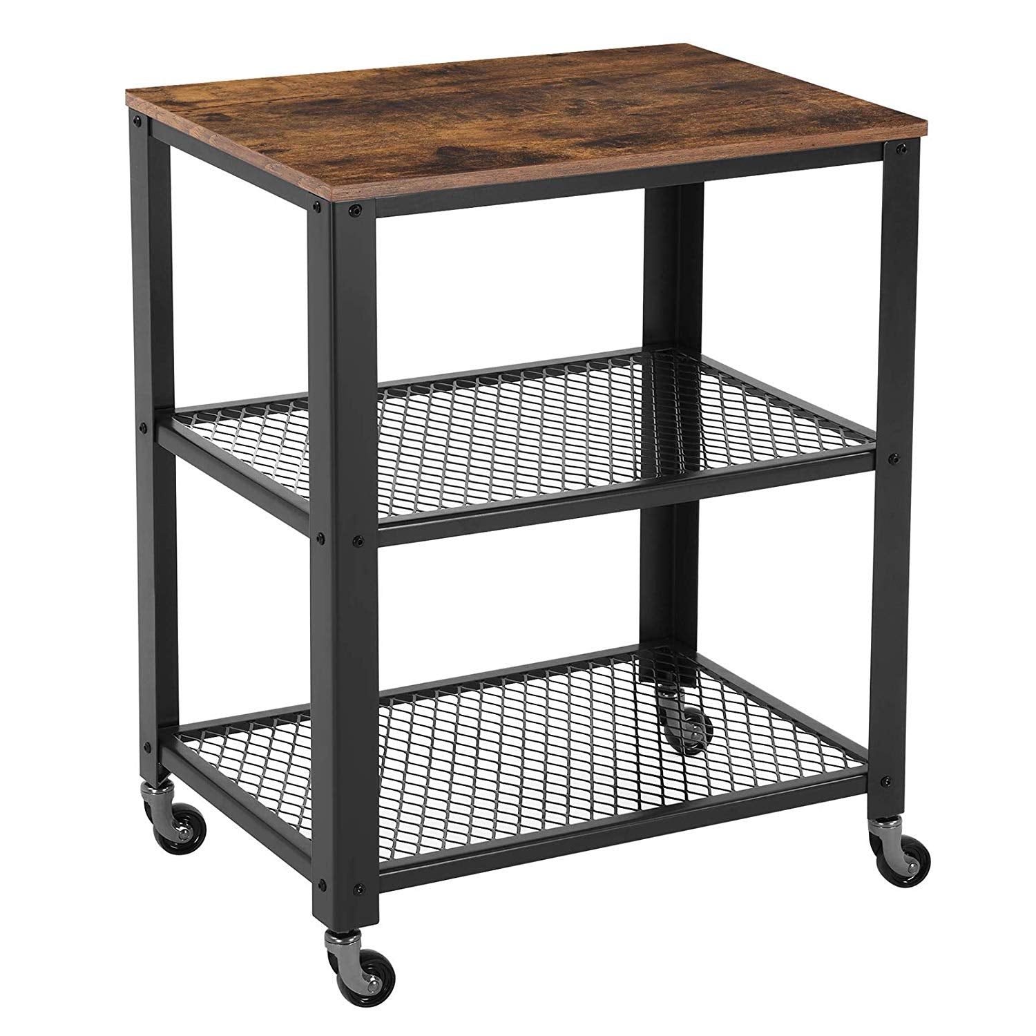 Benzara BM197496 Black and Brown 3-Tier Wooden Serving Cart With 2 Mesh Design Shelves