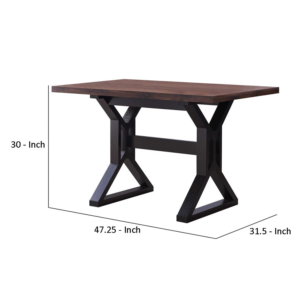 Benzara BM200691 Two Toned Rectangular Wooden Dining Table With X Shaped Trestle Base, Black and Brown