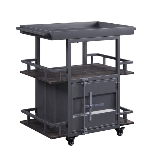 Benzara BM204490 Gray Metal Serving Cart With 1 Door Storage and 2 Tray Shaped Shelves