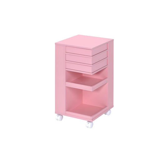 Benzara BM204594 Pink Wooden Storage Cart With 3 Drawers and 2 Open Shelves