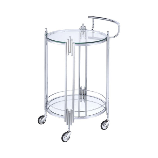 Benzara BM204864 Silver Metal and Mirror Round Serving Cart With Open Shelf