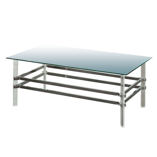 Benzara BM205355 Silver and Clear Glass and Metal Coffee Table With Tubular Legs